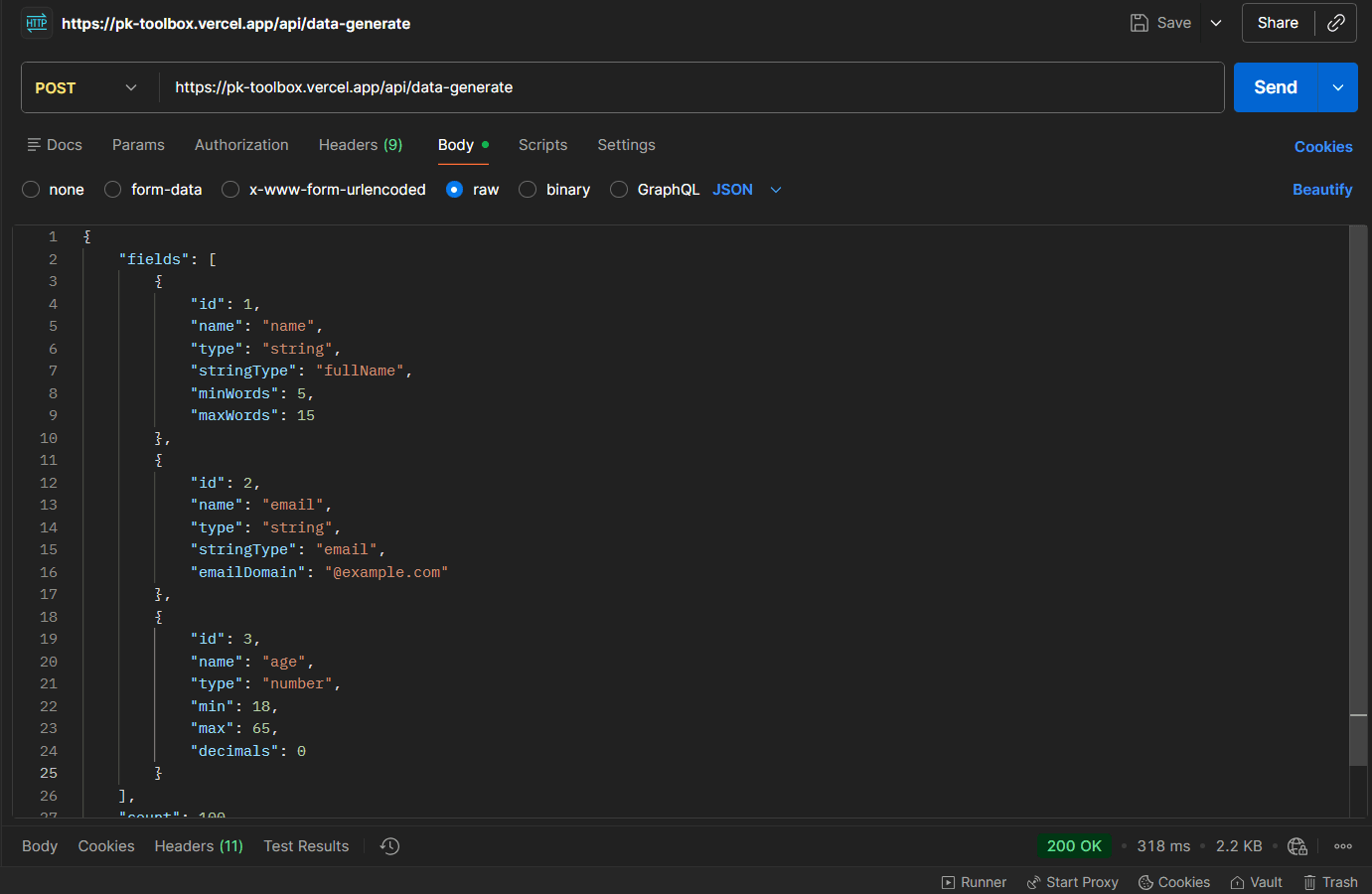 Data Generator API Request Example